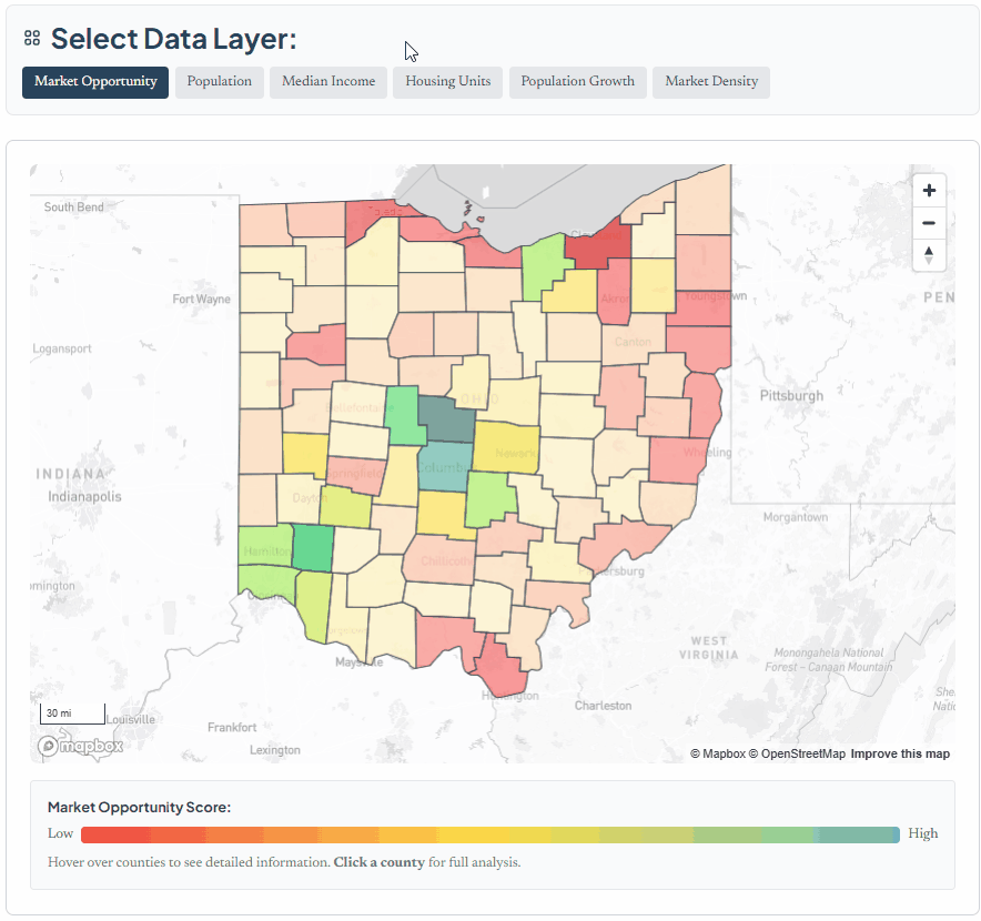 Animated demonstration of Ohio market analysis tool showing user clicking through different data layers including market opportunity, population, and market density