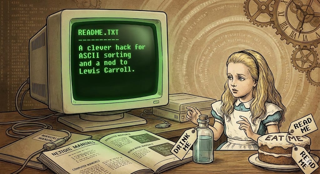 Alice in Wonderland viewing a retro computer with README.TXT on the screen.