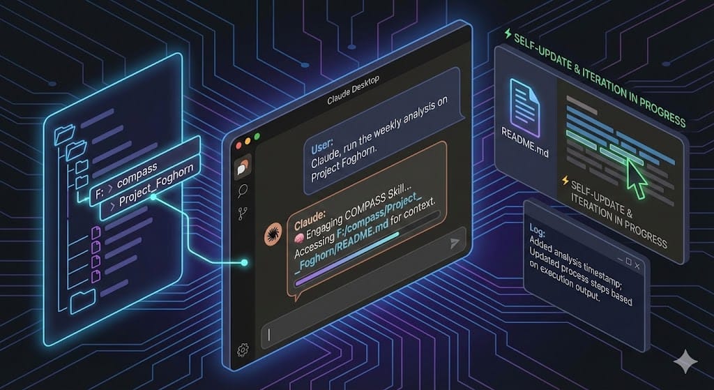Diagram demonstrating an AI agent automatically accessing a specific project's README file to gain context for a user request.