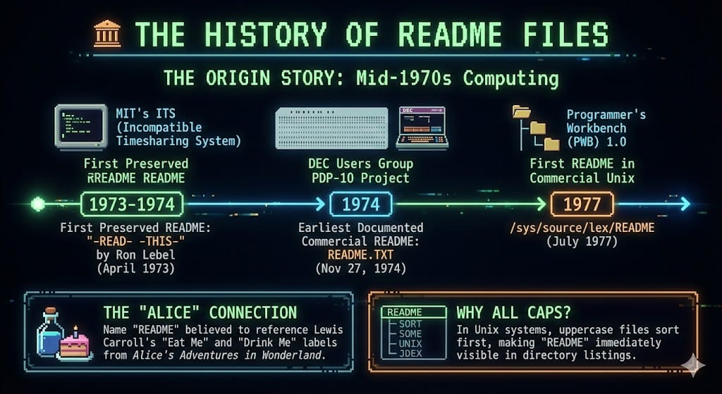 A pixel-art style infographic timeline titled "The History of README Files."