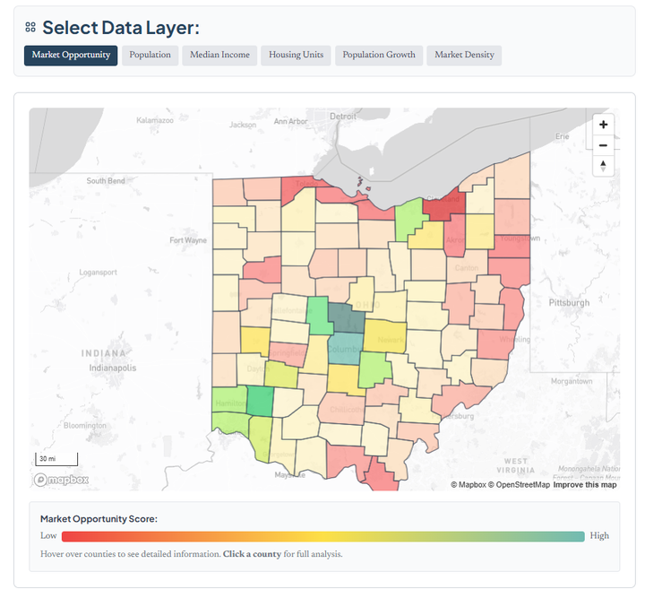 Ohio county map showing market opportunity scores for HVAC, plumbing, and roofing companies with color-coded density analysis